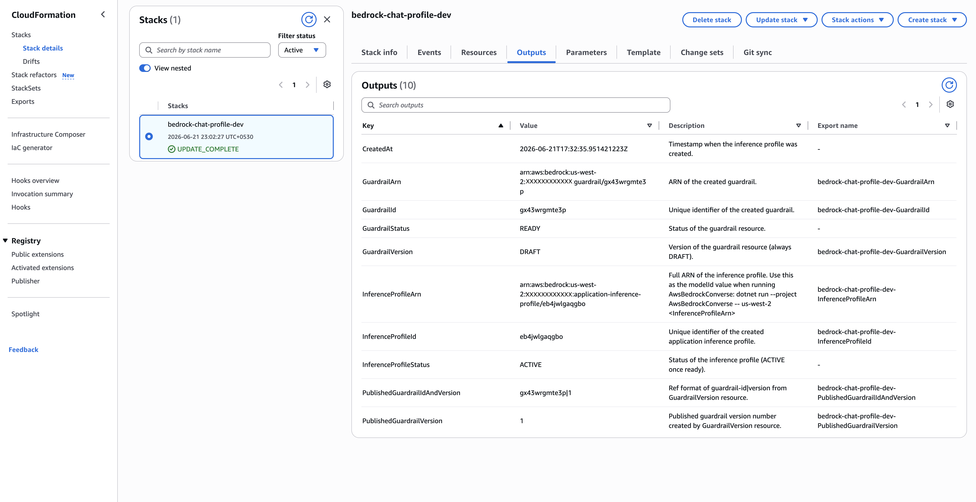 CloudFormation stack outputs displaying the inference profile ARN and ID for application configuration