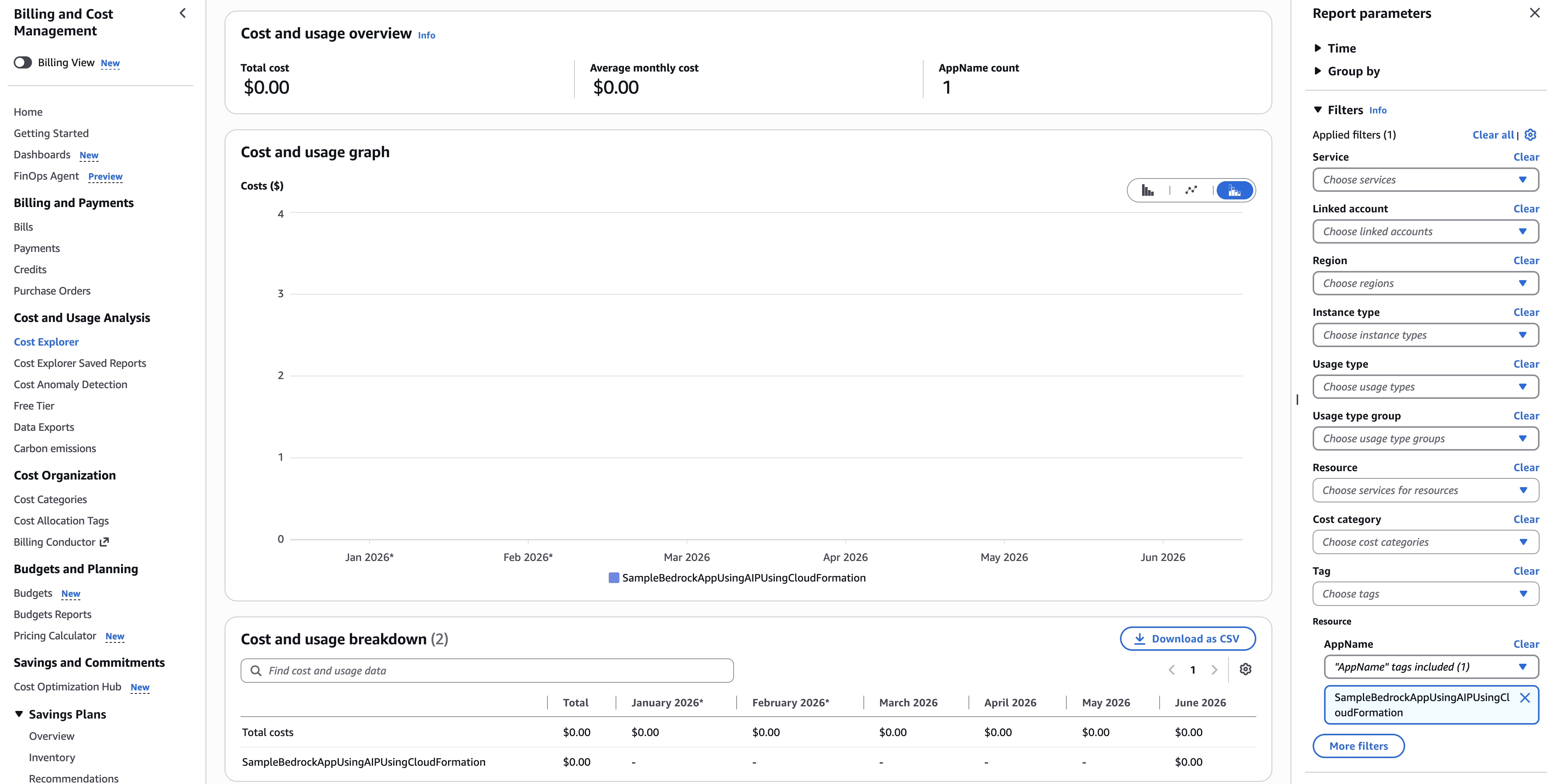 AWS Cost Explorer showing Bedrock costs filtered and grouped by inference profile tags (application, environment, team)