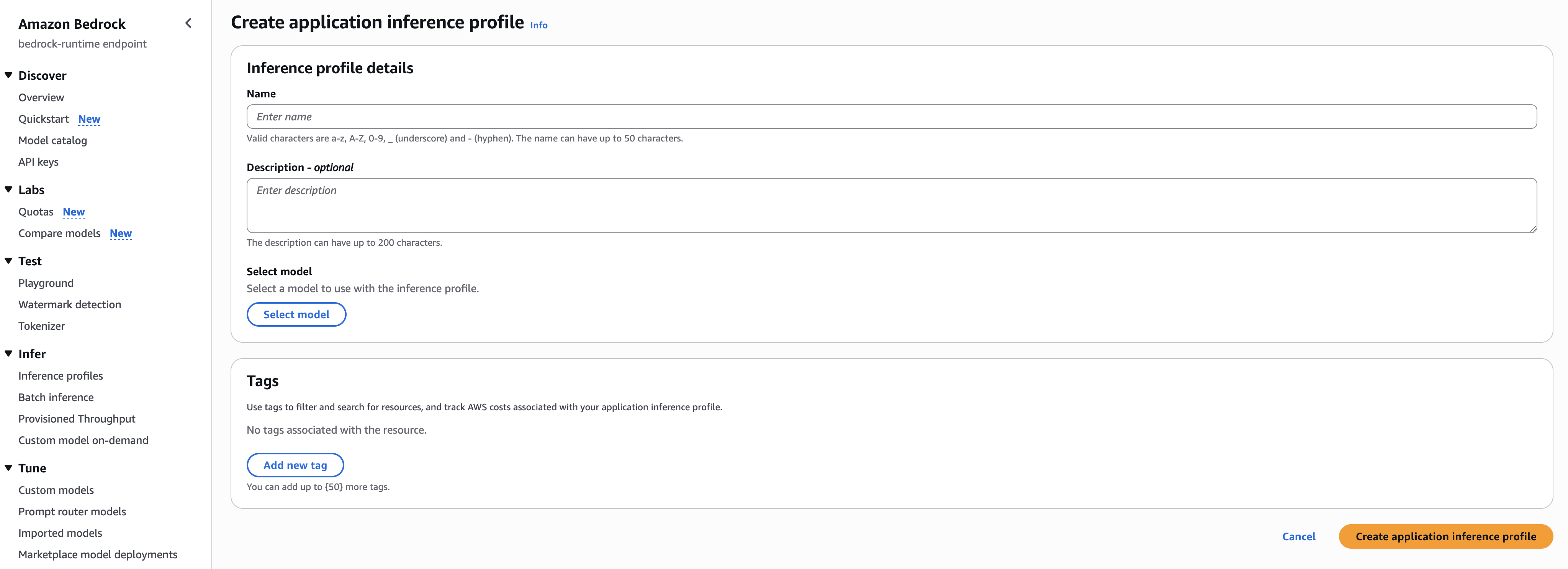 AWS Bedrock console showing the inference profile creation form