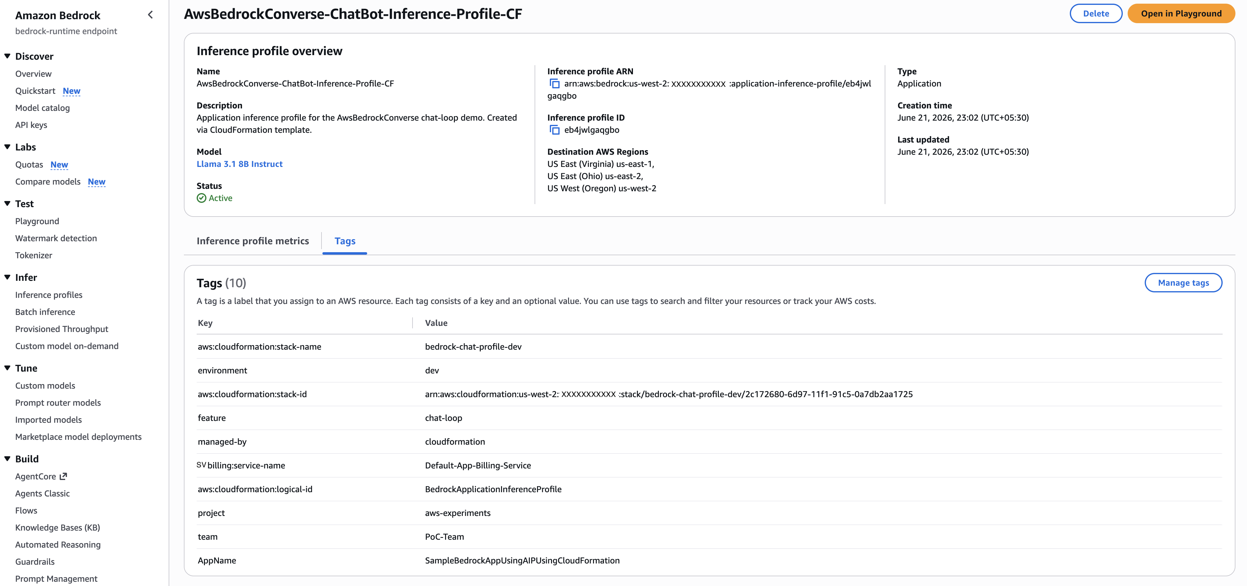 Bedrock console showing inference profile details with attached cost allocation tags