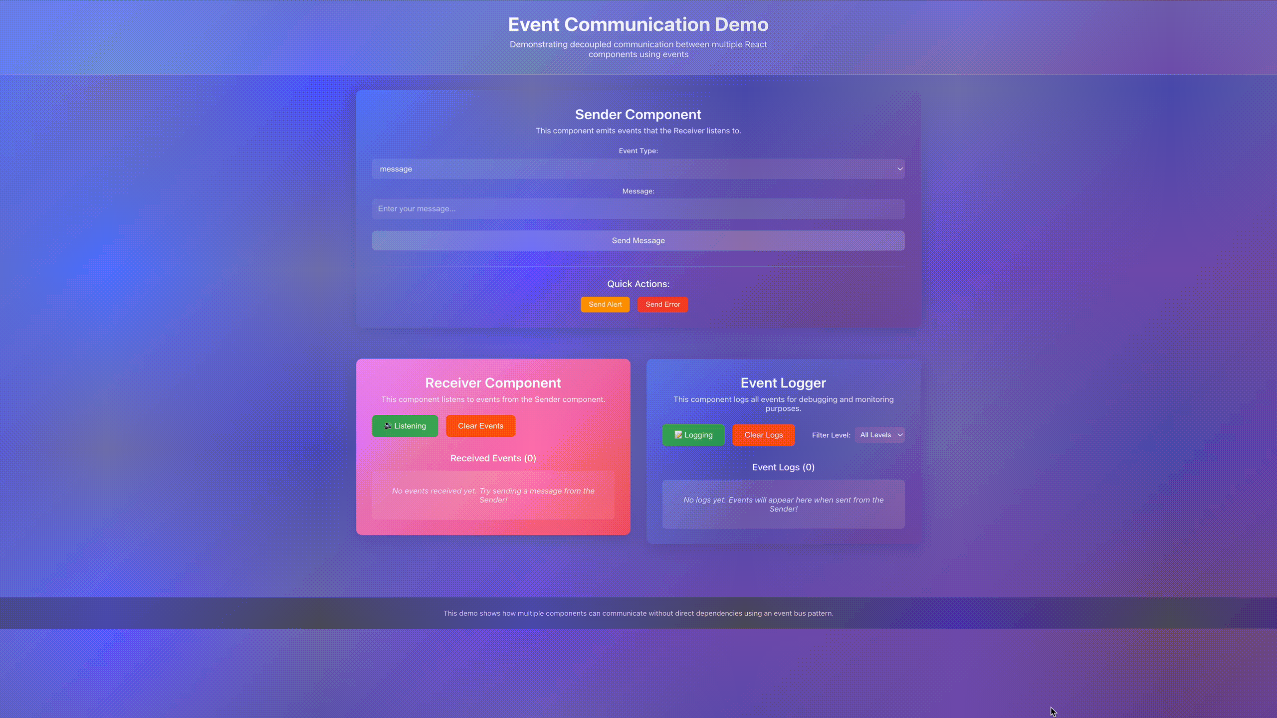 Live demo showing the event-driven communication in action - Sender component broadcasting messages that are received by both Receiver and Logger components simultaneously